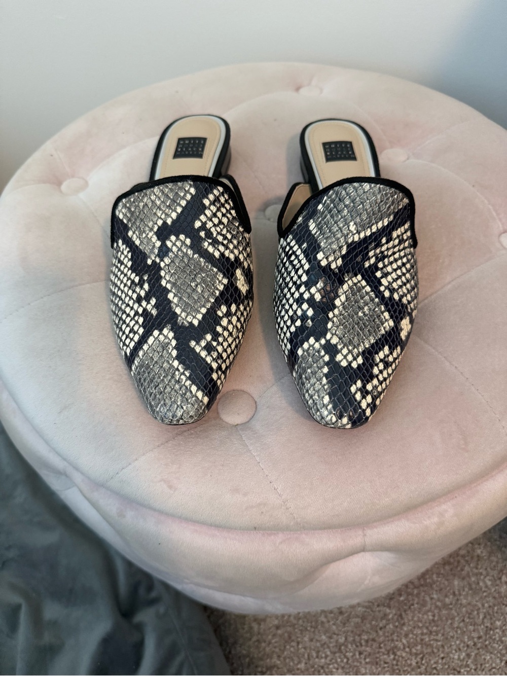 White House Black Market Black & White Snake-Print Mule Slides
